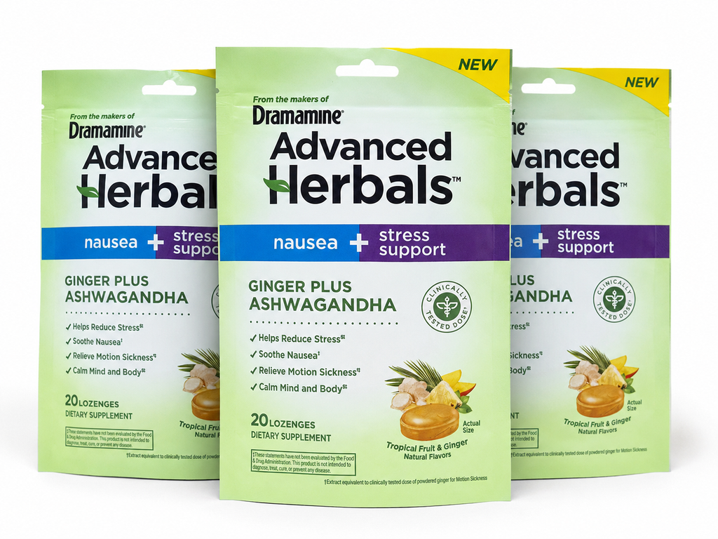 3-Packs From the Makers of Dramamine, Advanced Herbals Ginger & Ashwagandha Lozenges, for Nausea Relief & Stress Support, Tropical Fruit and Ginger Flavor, 20 Count each