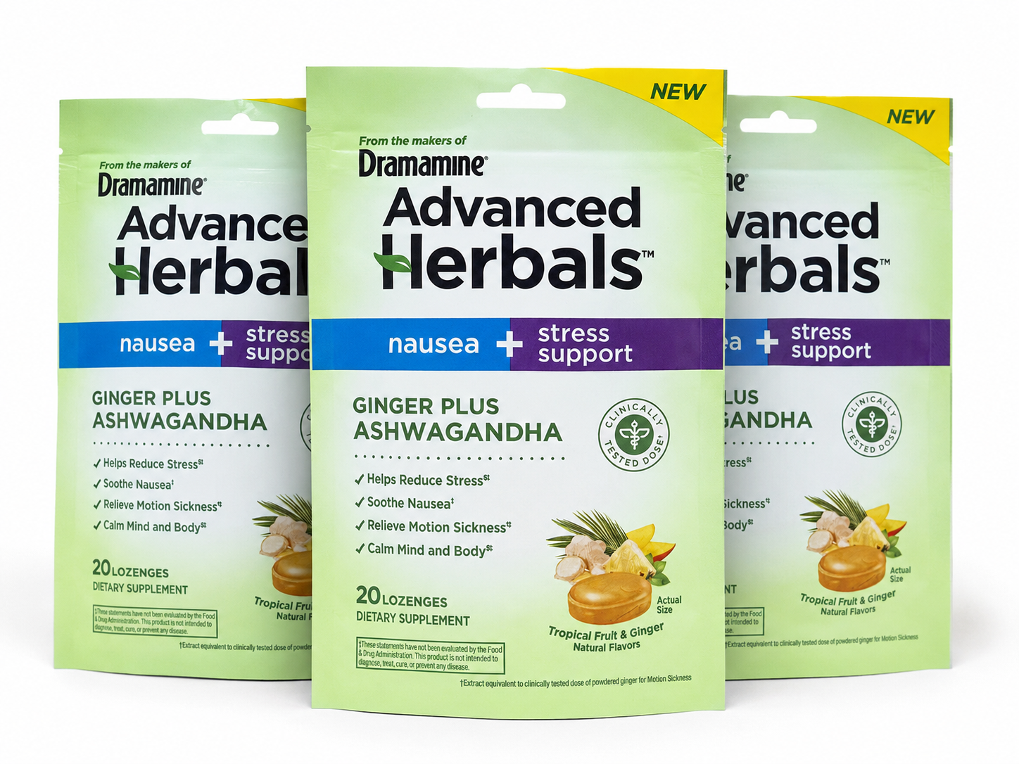 3-Packs From the Makers of Dramamine, Advanced Herbals Ginger & Ashwagandha Lozenges, for Nausea Relief & Stress Support, Tropical Fruit and Ginger Flavor, 20 Count each