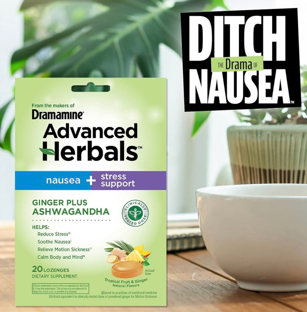 3-Packs From the Makers of Dramamine, Advanced Herbals Ginger & Ashwagandha Lozenges, for Nausea Relief & Stress Support, Tropical Fruit and Ginger Flavor, 20 Count each