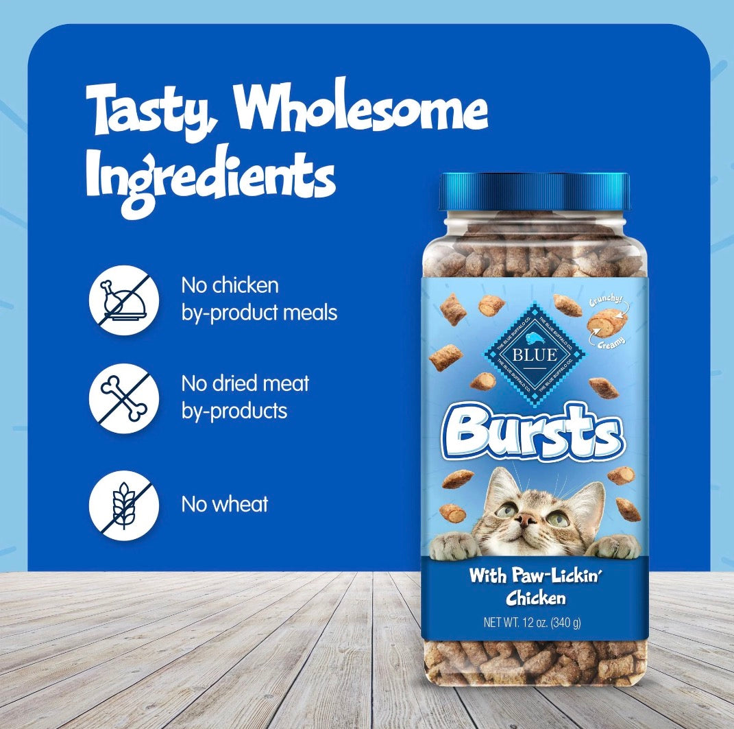 Blue Buffalo Bursts Crunchy & Creamy Cat Treats – Paw-Lickin' Chicken 12 oz Tub (3-Pack)