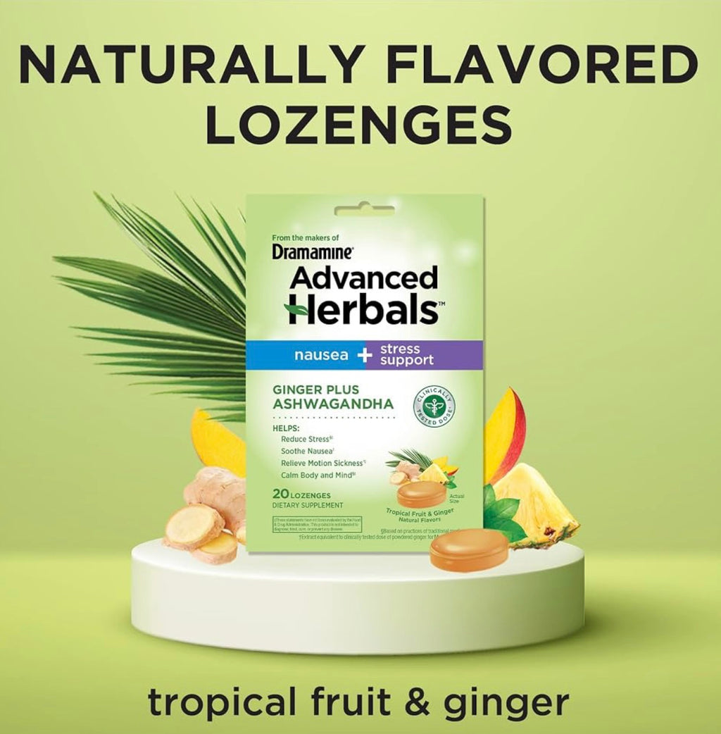 3-Packs From the Makers of Dramamine, Advanced Herbals Ginger & Ashwagandha Lozenges, for Nausea Relief & Stress Support, Tropical Fruit and Ginger Flavor, 20 Count each