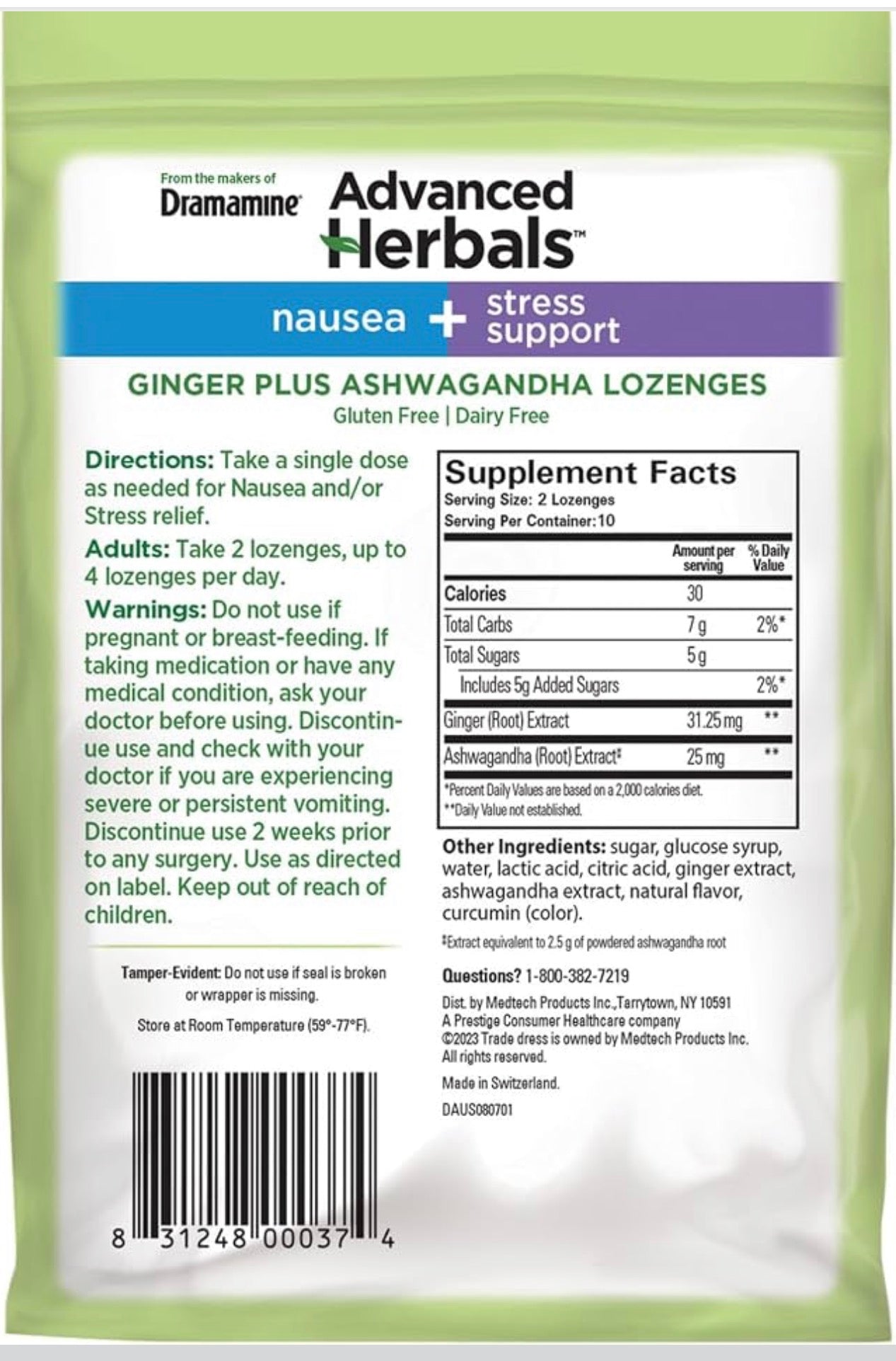 3-Packs From the Makers of Dramamine, Advanced Herbals Ginger & Ashwagandha Lozenges, for Nausea Relief & Stress Support, Tropical Fruit and Ginger Flavor, 20 Count each