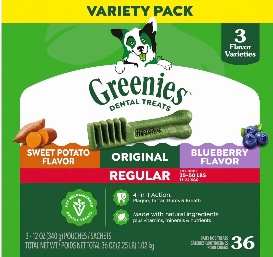 Greenies Adult Natural Dental Dog Treats 3 Flavors, Regular Size, (3) 12 Oz Packs (36 Count)