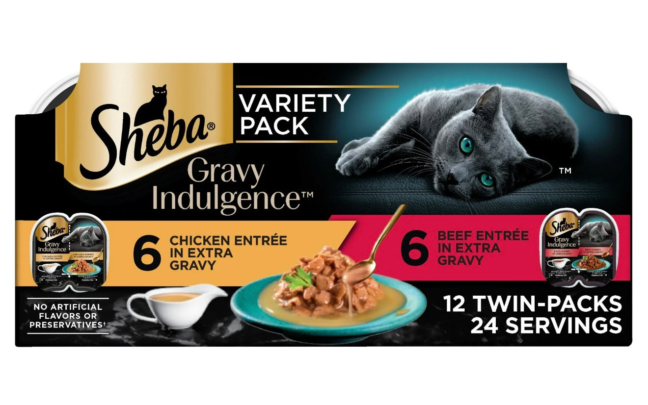 Sheba Gravy Indulgence Entree In Extra Gravy Variety Pack Cat Food, 2.6 Oz Twin-Pack Trays, 24 Count