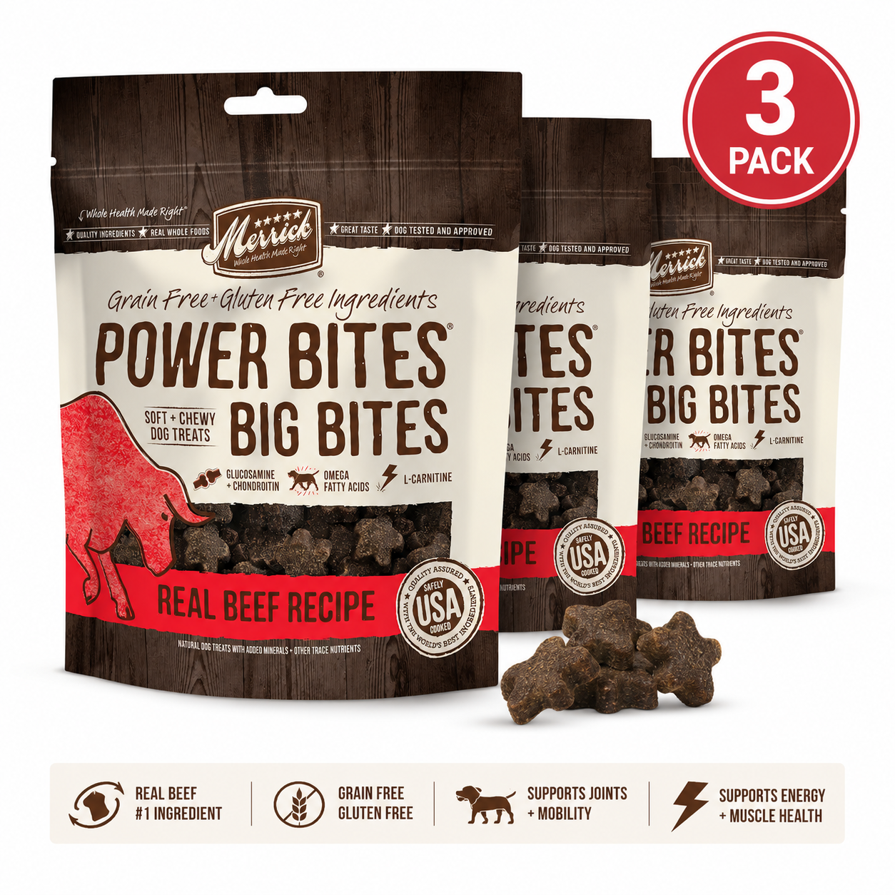 Merrick Power Bites Big Bites Soft & Chewy Dog Treats, Real Beef Recipe, Grain Free – 3 Pack