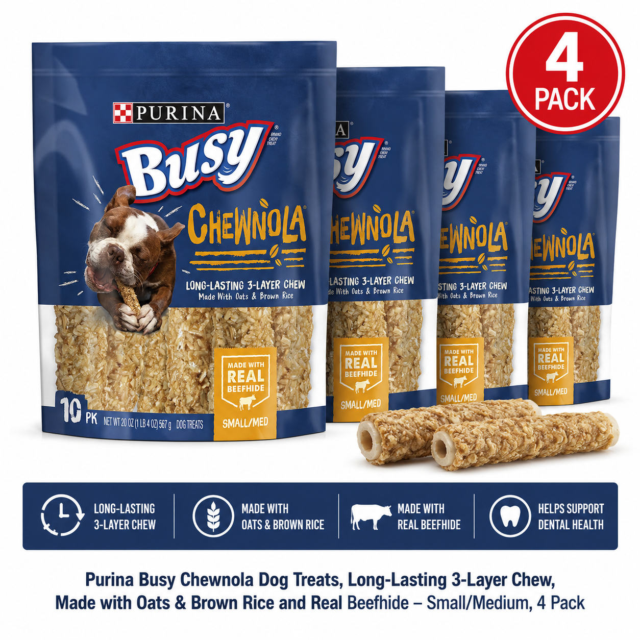 4 packs Purina Busy Rawhide Small/Medium Breed Dog Bones, Chewnola with Oats & Brown Rice - 10 ct. Pouch