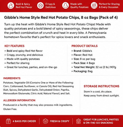 Gibble's Red Hot Spicy Potato Chips, 8 oz Bags (Pack of 4) | Pennsylvania Hometown Favorite