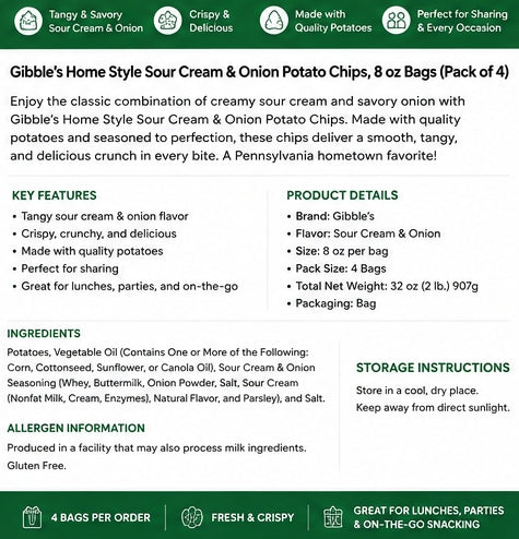Gibble's Home Style Sour Cream & Onion Potato Chips, 8 oz Bags (Pack of 4) | Pennsylvania Hometown Favorite