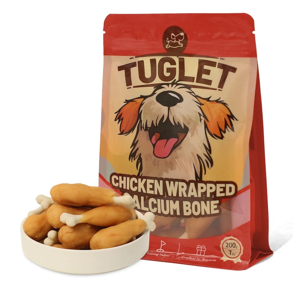 TUGLET Dog Treats, Chicken Wrapped Calcium Bone, Rawhide & Grain Free Dog Snack for Small Medium Large Dogs, Teeth Clean Bone for Dogs, 7 oz