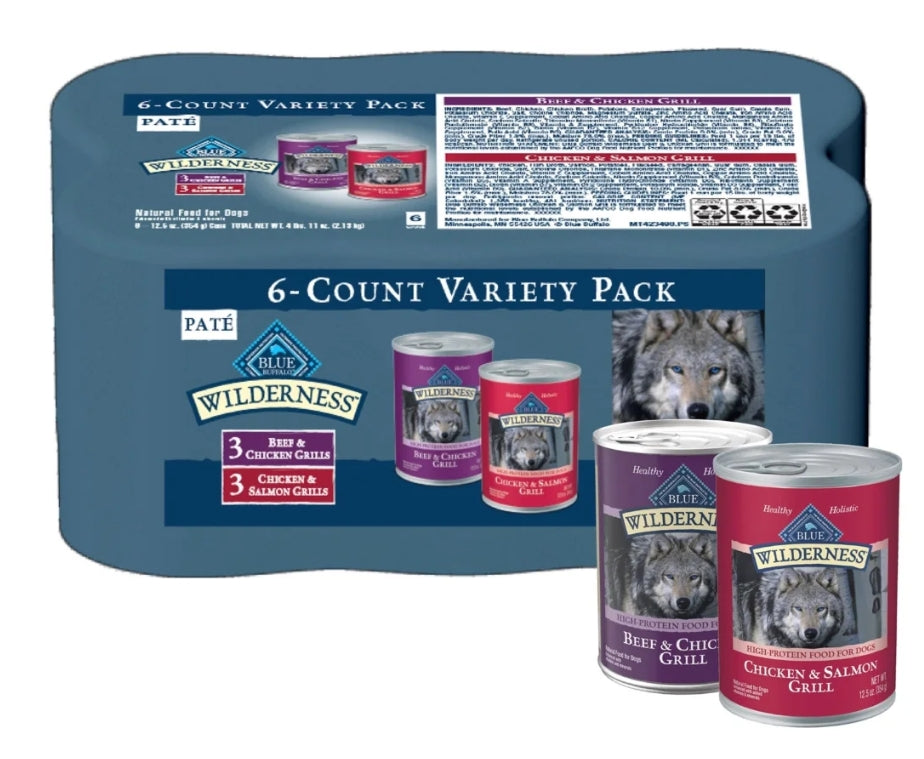 Blue Buffalo Wilderness Beef and Chicken & Salmon and Chicken Wet Dog Food Variety 6 Pack, 12.5oz Cans