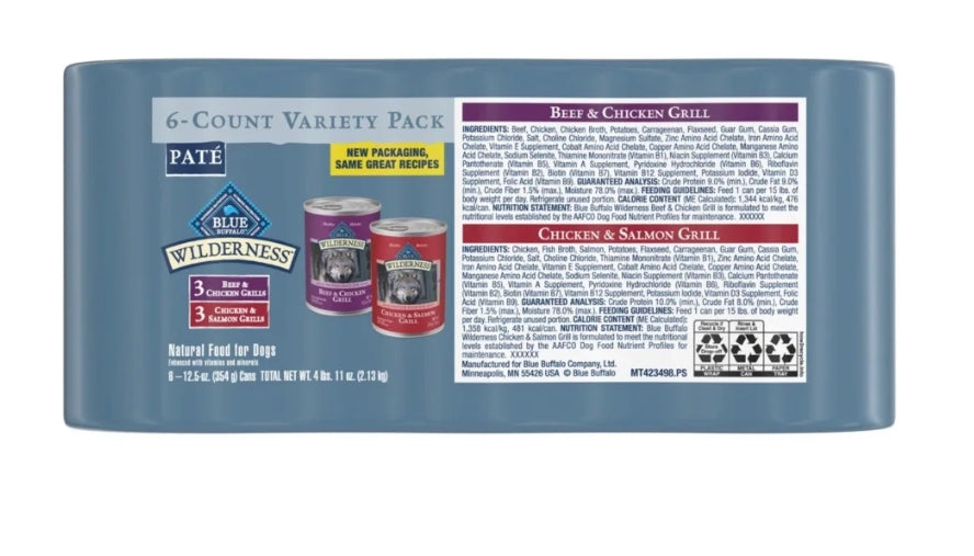 Blue Buffalo Wilderness Beef and Chicken & Salmon and Chicken Wet Dog Food Variety 6 Pack, 12.5oz Cans